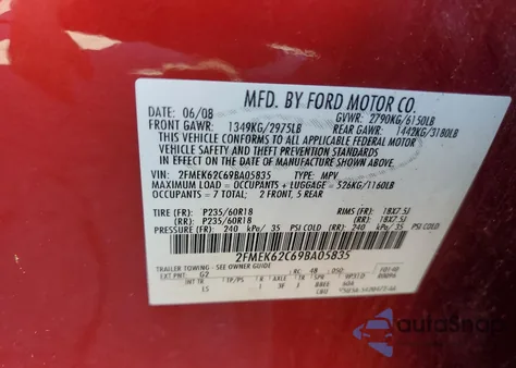 2009 Ford Flex Sel from USA, damaged, VIN 2FMEK62C69BA05835